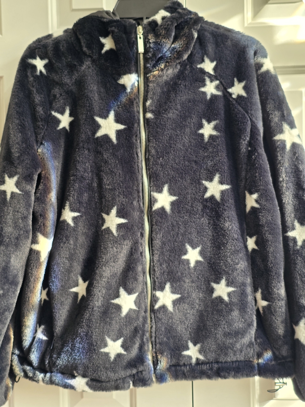 Jou Jou Black With White Star-Print Plush Zip Hooded Jacket